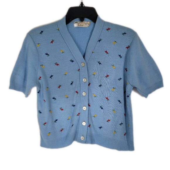 Vintage sweater short-sleeve button front cardigan with embroidery, blue medium - Picture 1 of 16